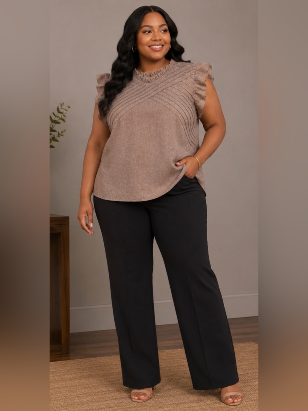 Plus Size Tan Ruffle Sleeve Blouse